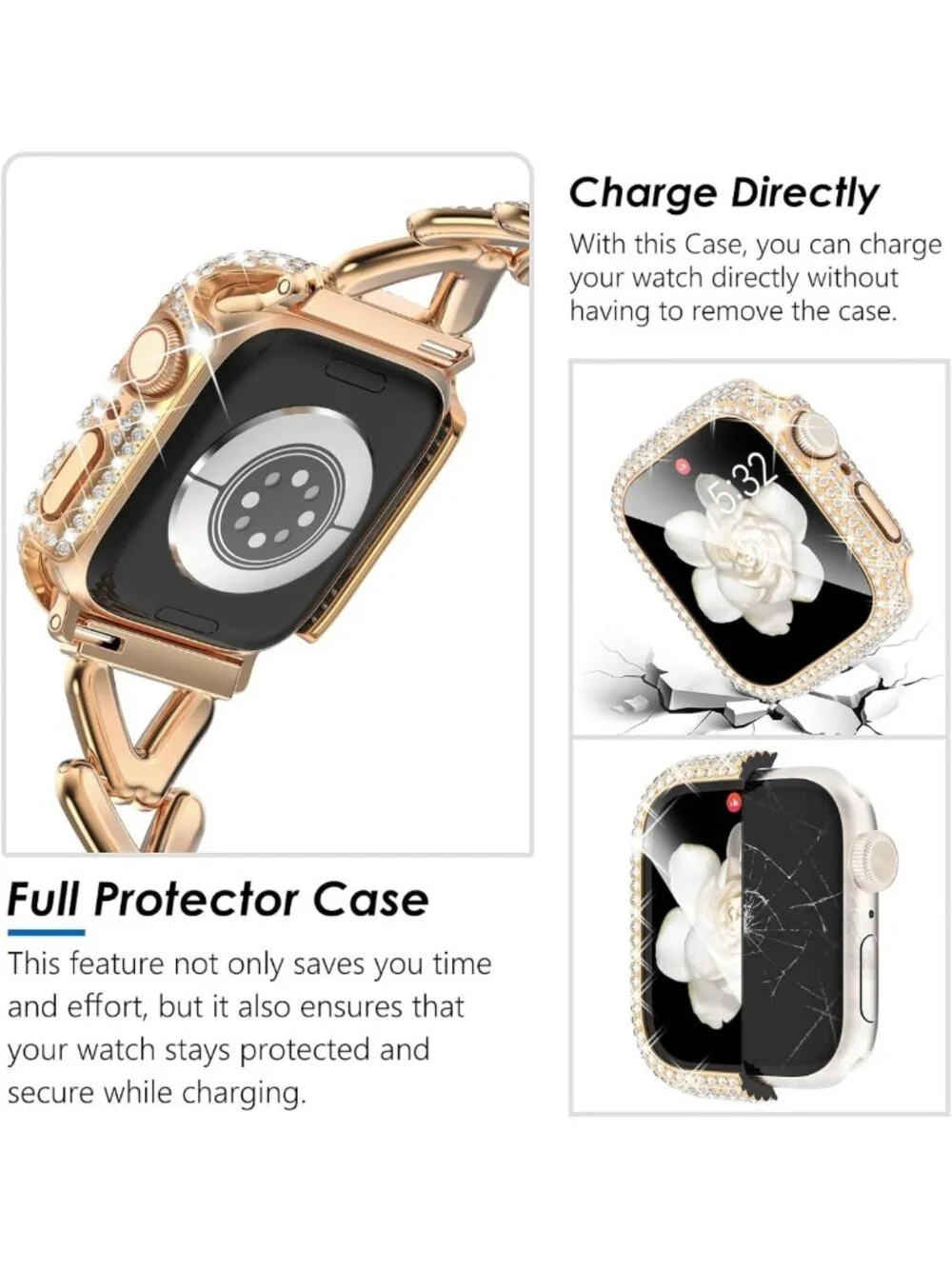 Stylish Metal Band & Bling Rhinestone Case for Apple Watch 38mm-46mm - Women’s